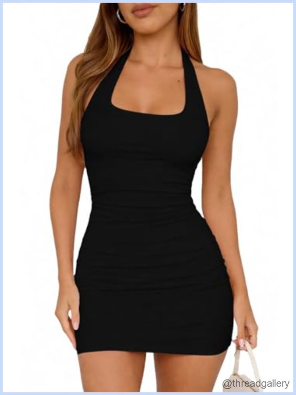 ForeFair Halter Neck Backless Ruched Mini Bodycon Dress Modal Spandex